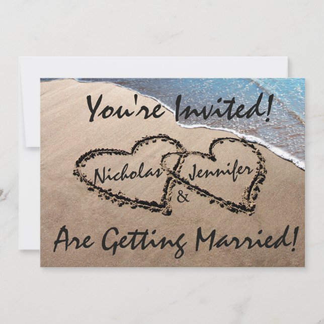 Invitación de Boda de Dos Corazones en la Playa de (Anverso)
