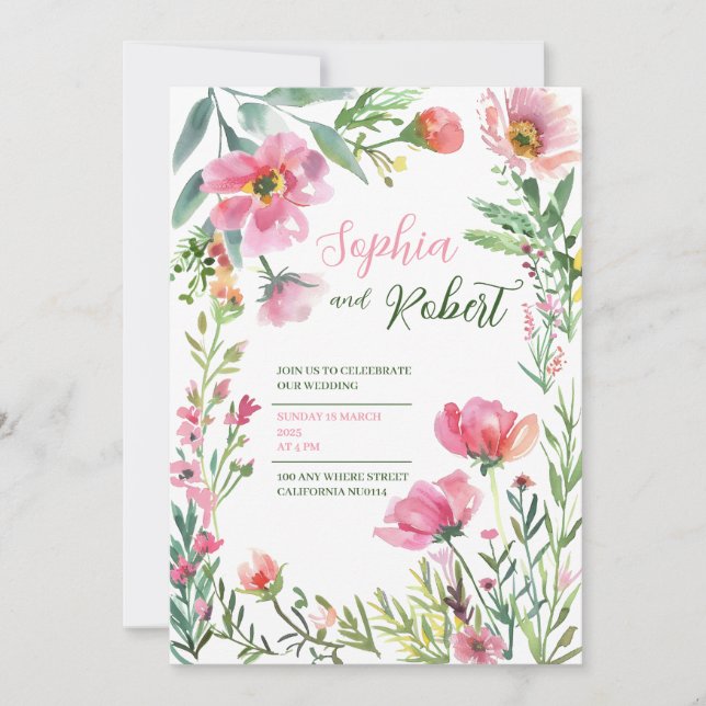 Invitación de boda de Dusty Pink floral con verde  (Anverso)