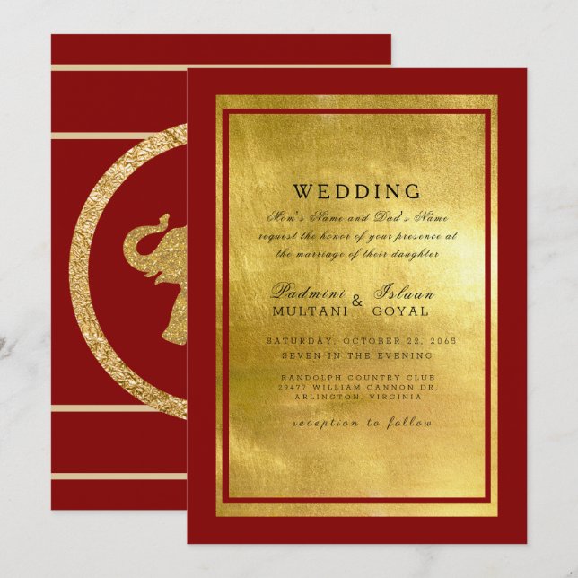 Invitación de boda de elefante indio rojo y dorado (Anverso / Reverso)