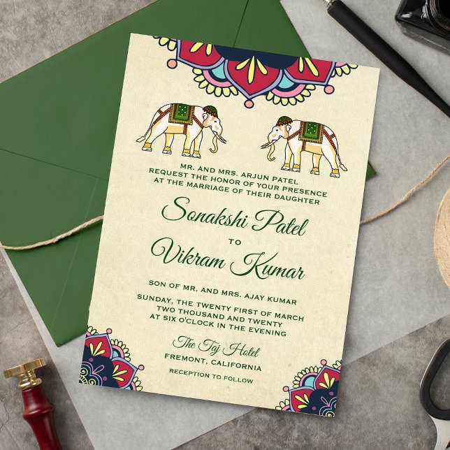 Invitación de boda de elefantes tradicionales indi (Subido por el creador)
