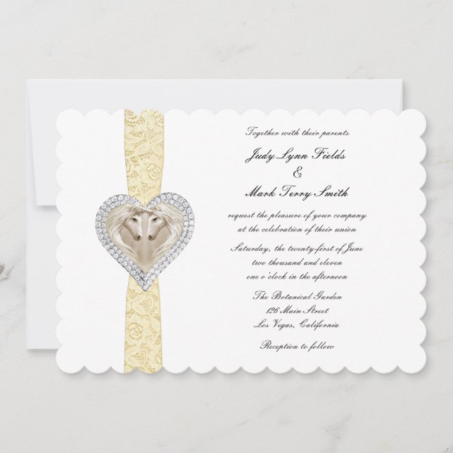 Invitación de boda de encaje amarillo de unicornio (Anverso)