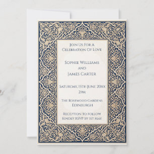 Invitación de boda de encaje arabesco azul marino