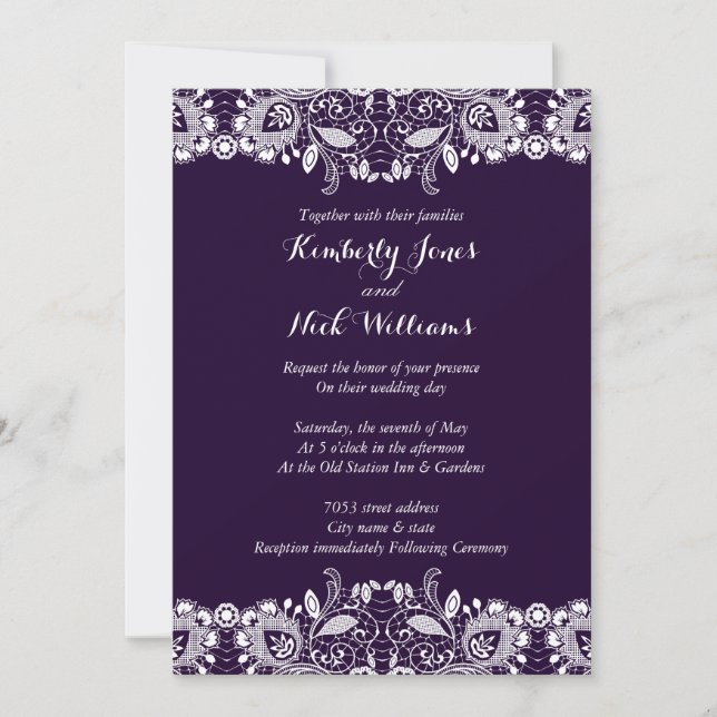 Invitación de boda de encaje blanco dulce púrpura (Anverso)