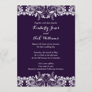 Invitación de boda de encaje blanco dulce púrpura