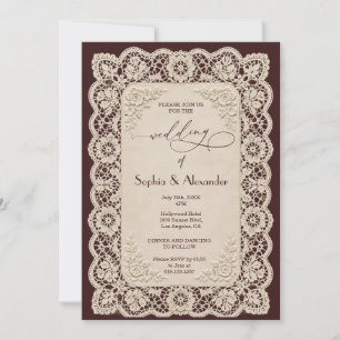 Invitación de boda de encaje borgoña vintage