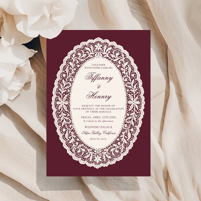 Invitación de boda de encaje borgoña vintage (Subido por el creador)