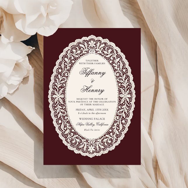 Invitación de boda de encaje borgoña vintage (Subido por el creador)