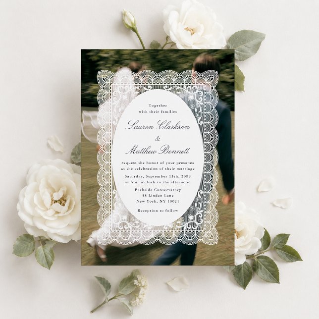 Invitación de boda de encaje con una foto moderna (Subido por el creador)