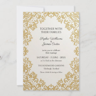 Invitación de boda de encaje damasco de oro marfil