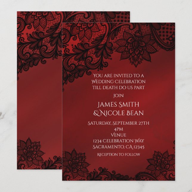 Invitación de boda de encaje de elegancia oscura r (Anverso / Reverso)