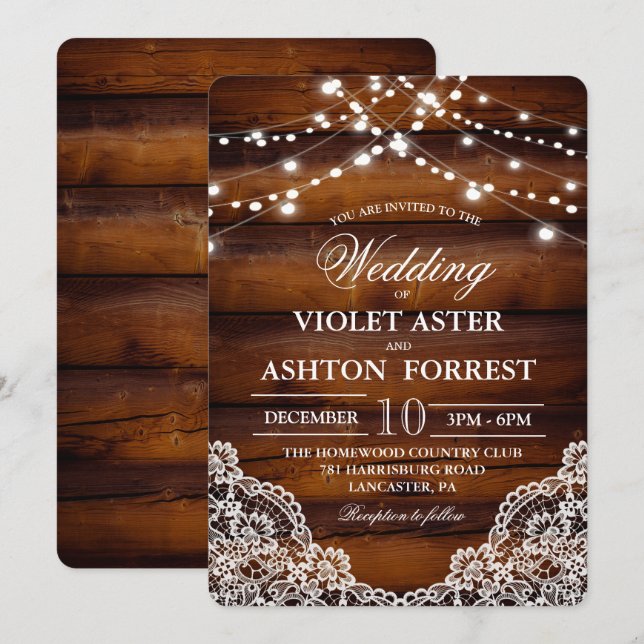 Invitación de Boda de Encaje de Madera Rústica (Anverso / Reverso)