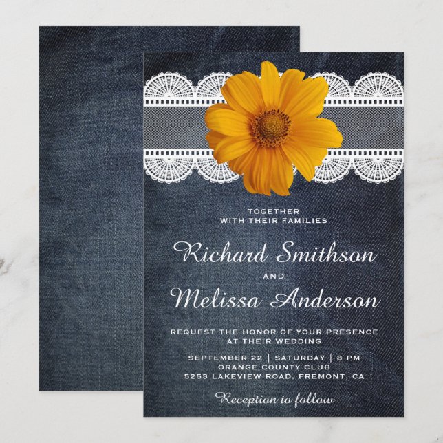 Invitación de boda de encaje de mezclilla de giras (Anverso / Reverso)