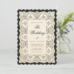 Invitación de boda de encaje de papel vintage negr
