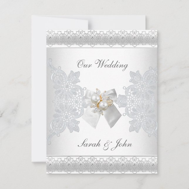 Invitación de boda de encaje de seda blanca perla  (Anverso)