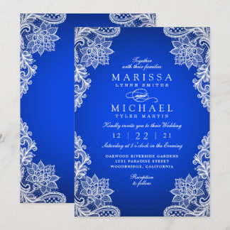 Invitación de boda de encaje floral azul real eleg