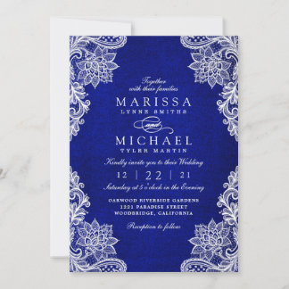 Invitación de boda de encaje floral azul real eleg