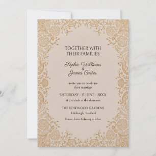 Invitación de boda de encaje floral en dorado cham