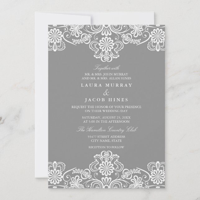 Invitación de boda de encaje floral gris y blanco (Anverso)