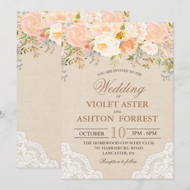 Invitación de boda de encaje floral melocotón (Anverso / Reverso)