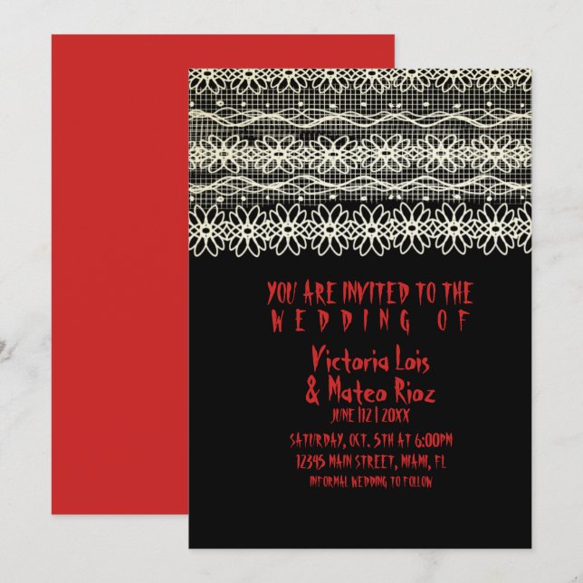Invitación de boda de encaje gótico rojo negro (Anverso / Reverso)