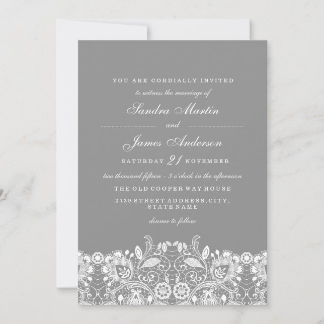 Invitación de boda de encaje gris blanco elegante (Anverso)