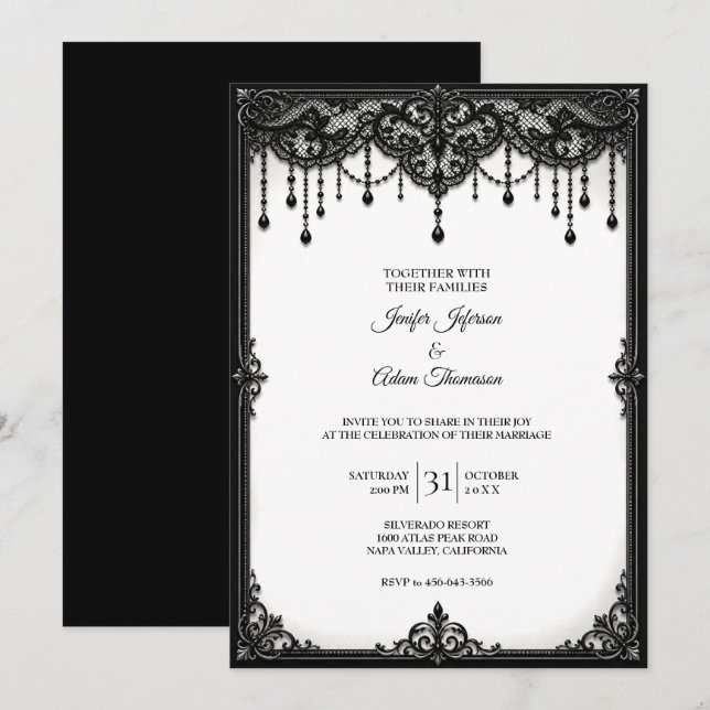Invitación de boda de encaje negro (Anverso / Reverso)