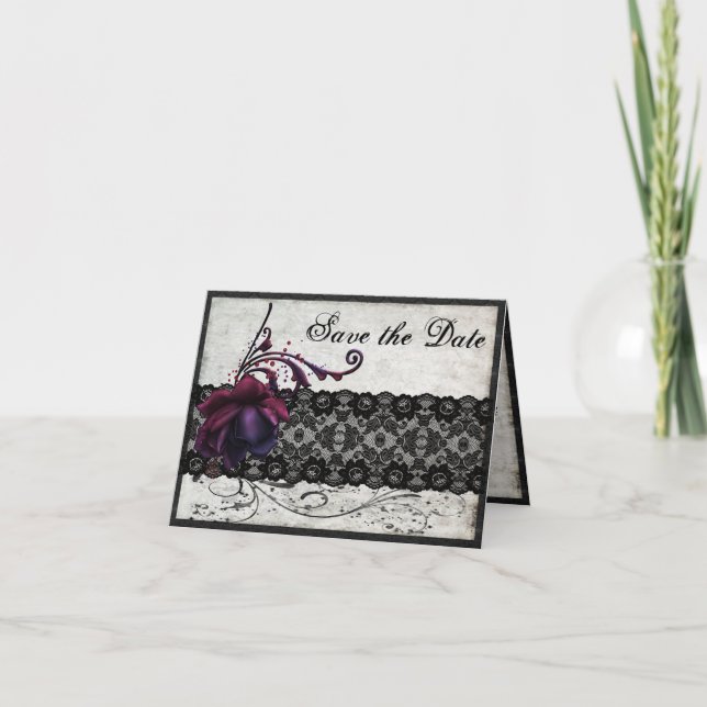 Invitación de Boda de Encaje Negro Guarde la Fecha (Anverso)