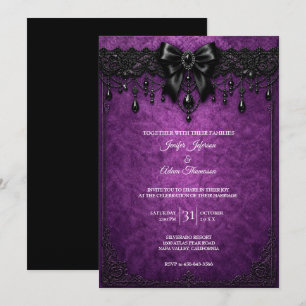 Invitación de boda de encaje negro púrpura