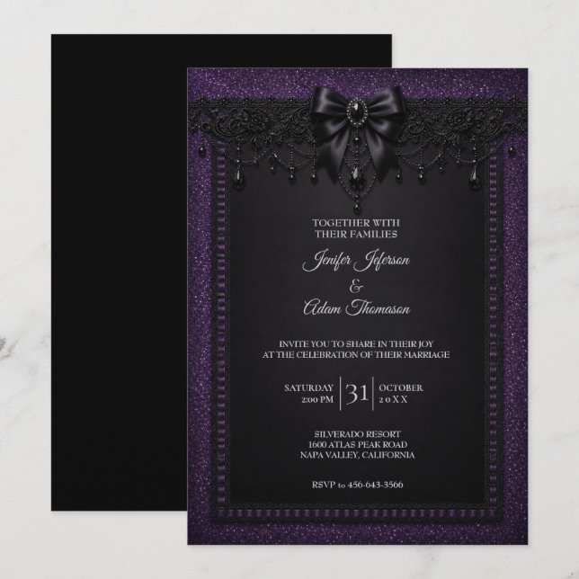 Invitación de boda de encaje negro púrpura (Anverso / Reverso)