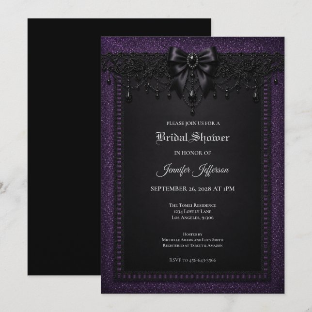 invitación de boda de encaje negro púrpura gótico (Anverso / Reverso)