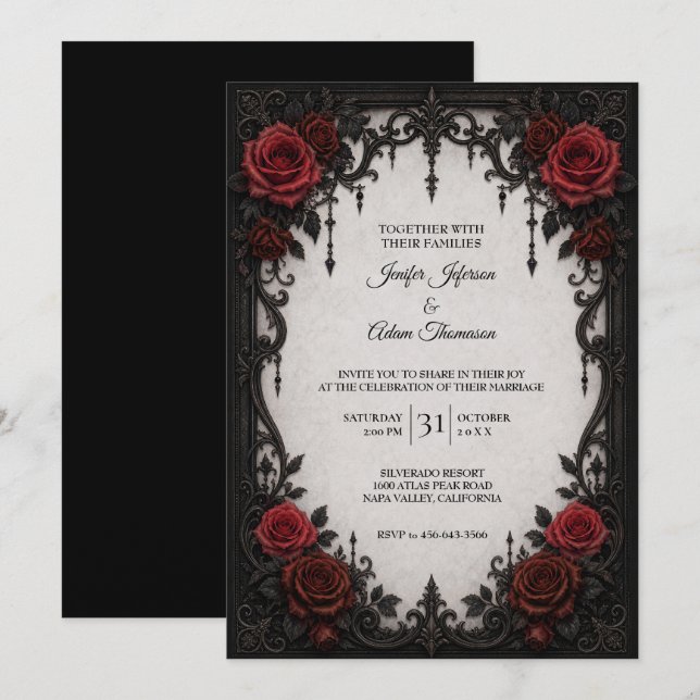 Invitación de boda de encaje negro rojo (Anverso / Reverso)