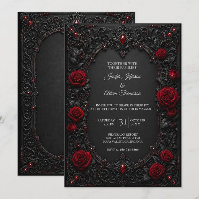 Invitación de boda de encaje negro rojo (Anverso / Reverso)