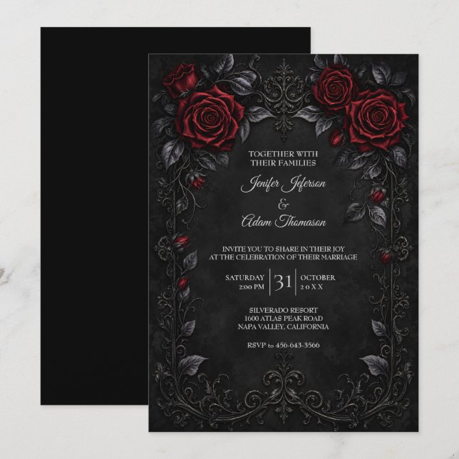 Invitación de boda de encaje negro rojo (Anverso / Reverso)