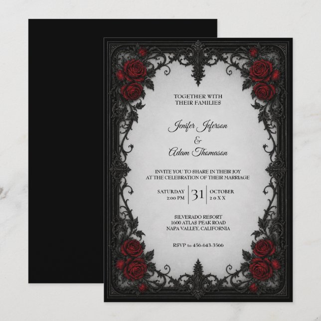 Invitación de boda de encaje negro rojo (Anverso / Reverso)