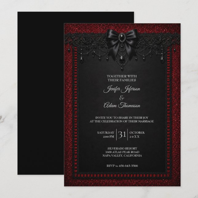 Invitación de boda de encaje negro rojo (Anverso / Reverso)