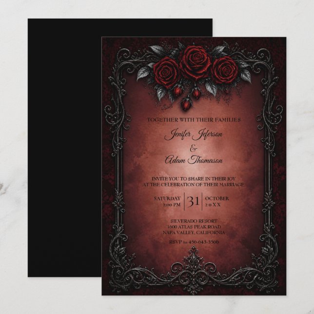 Invitación de boda de encaje negro rojo (Anverso / Reverso)