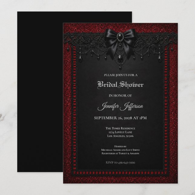 invitación de boda de encaje negro rojo gótico (Anverso / Reverso)