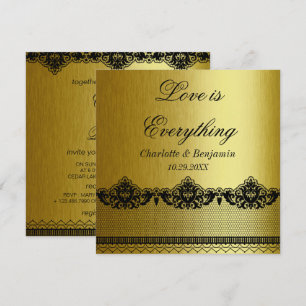 Invitación de boda de encaje negro y dorado vintag