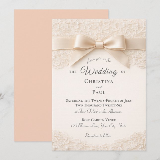 Invitación de boda de encaje rosa y blanco (Anverso / Reverso)