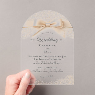 Invitación de boda de encaje rosa y blanco acrílic