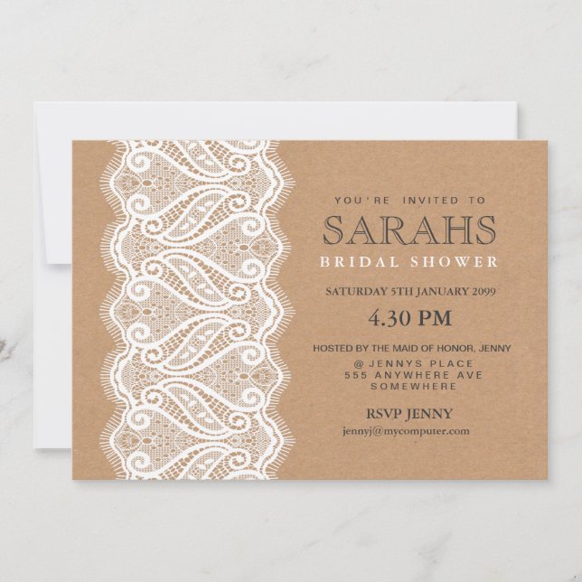Invitación de boda de encaje rústico y kraft (Anverso)