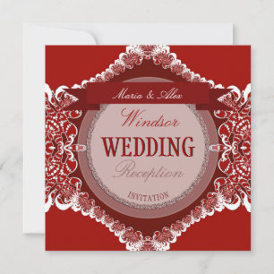 Invitación de boda de encaje tribal rojo y blanco