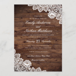 Invitación de boda de encaje vintage de madera rús