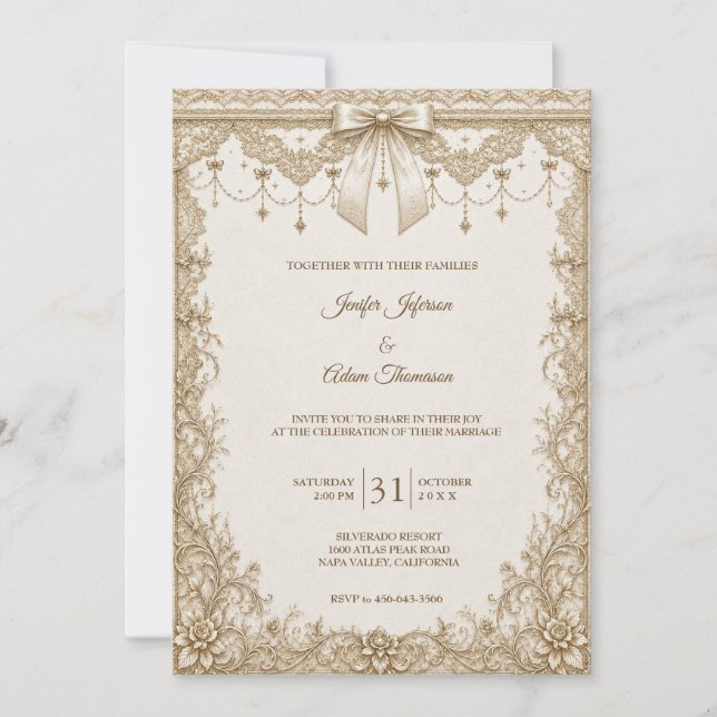Invitación de boda de encaje vintage elegante (Anverso)