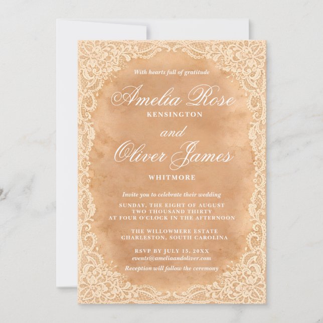 Invitación de Boda de Encaje Vintage Rústica Elega (Anverso)