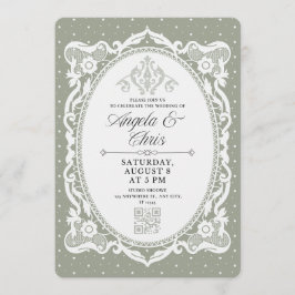 Invitación de boda de encaje vintage verde salvia 