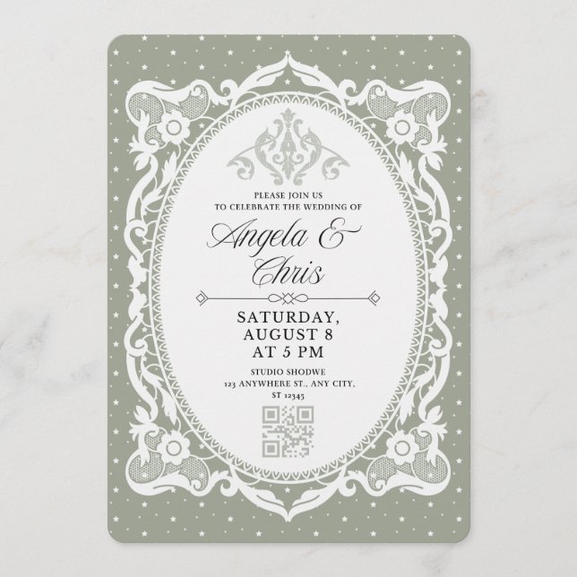 Invitación de boda de encaje vintage verde salvia  (Anverso)