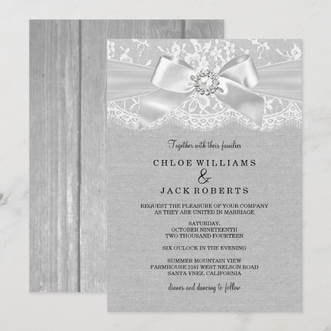 Invitación de boda de encaje y arpillera gris vint (Anverso / Reverso)