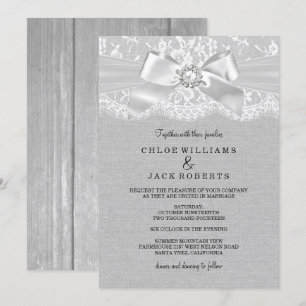 Invitación de boda de encaje y arpillera gris vint