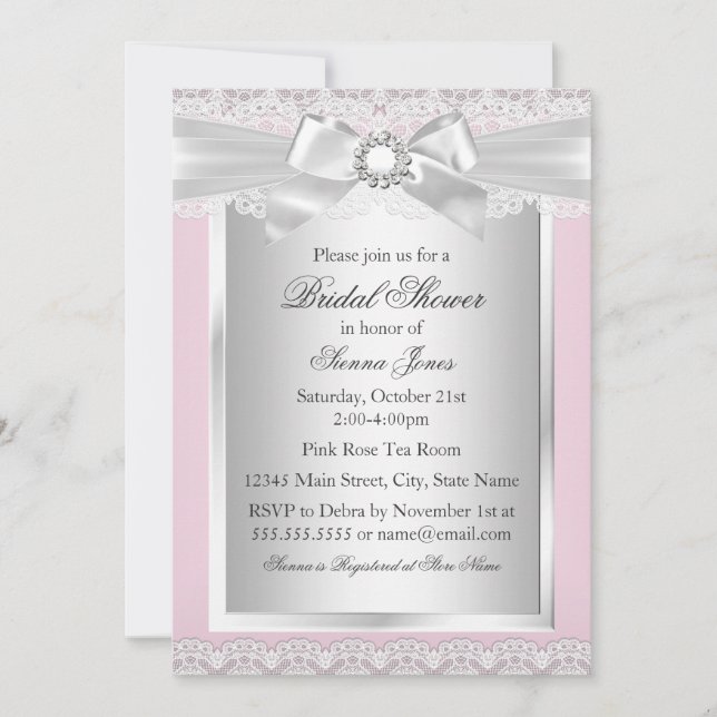 Invitación de boda de encaje y lazo rosa Pretty La (Anverso)